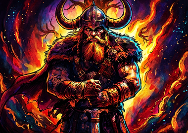 Viking Warrior Flame Neon Poster