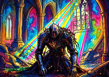 Knight Ruins Watercolor Neon Art