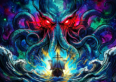Cosmic Kraken Ship Ocean Art Poster
