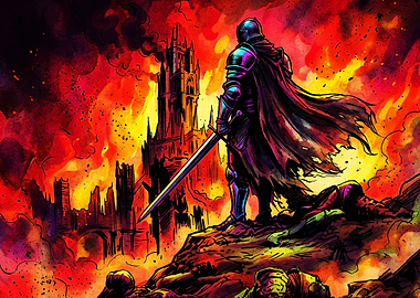 Knight Ruins Fire Dark Fantasy Art