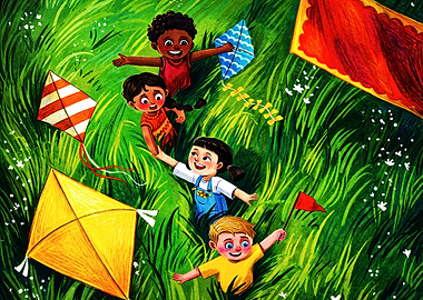 Children Playing with Kites in Grass