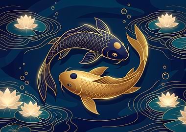 Golden and Dark Koi Fish Yin-Yang