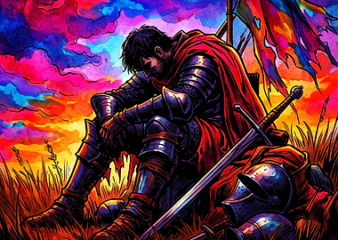 Sad Knight Armor Sunset Watercolor