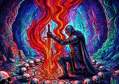 Knight Sword Fire Psychedelic Art