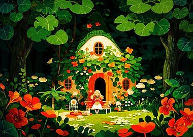 Girl Reading in Enchanted Garden Cottage