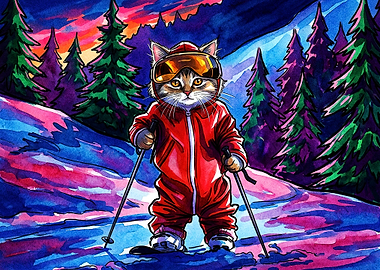 Cute Cat Skiing in Vibrant Winter