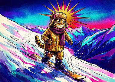 Cool Cat Snowboarding in Mountains