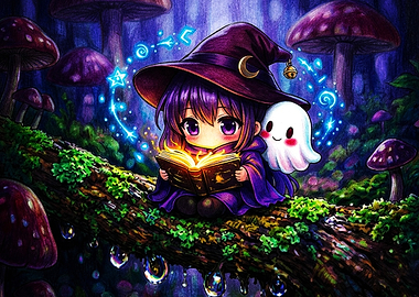 Chibi Witch Reading in Enchanted Forest