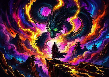 Warrior Facing a Cosmic Dragon