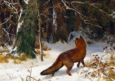 Fox in Winter Landscape Painting by Josef Schmitzberger