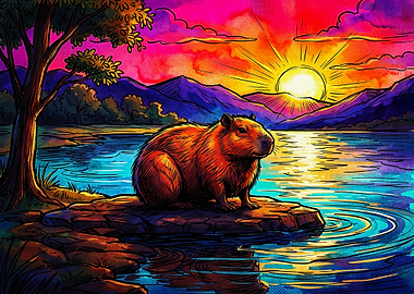 Vibrant Capybara at Sunset