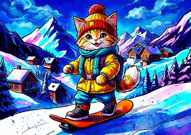 Cute Cat Snowboarding in Mountains