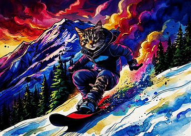 Psychedelic Cat Snowboarding Down Mountain