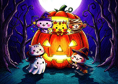 Cute Halloween Cats in Pumpkin