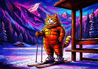Skiing Ginger Cat in Neon Mountains