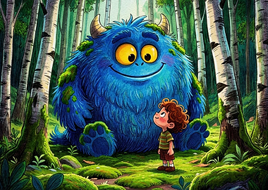 Boy Meeting a Friendly Blue Monster