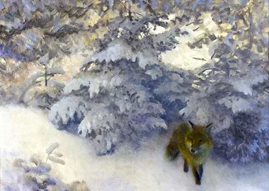Fox and Snowy Trees Painting by Bruno Liljefors