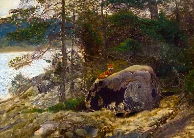 Fox Resting on a Forest Rock Painting by Bruno Liljefors