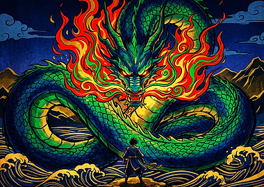 Warrior Facing a Majestic Green Dragon