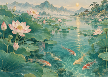 Serene Koi Pond with Lotus Flowers