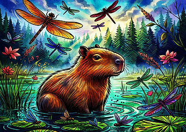 Capybara in a Magical Dragonfly Pond