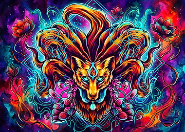 Neon Kitsune Nine-Tailed Fox Art