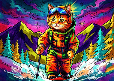 Psychedelic Cat Snowboarding Adventure