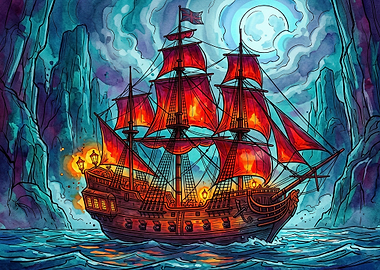 Ghost Ship with Red Sails