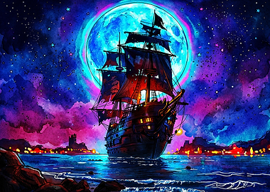 Ghost Ship Under Neon Moon