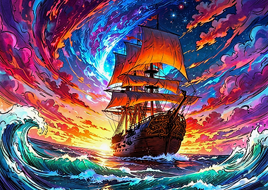 Psychedelic Sailing Ship at Sunset