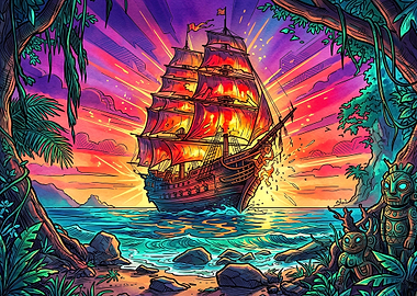 Vibrant Tropical Pirate Ship Sunset