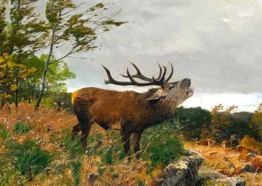 Stag Deer Bellowing in Autumn Landscape Painting