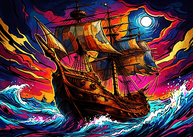 Vibrant Psychedelic Sailing Ship at Sea