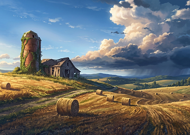 Abandoned Farmhouse in Golden Wheat Field