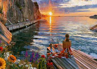 Woman Sitting on Dock at Sunset