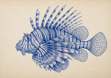 Vintage Style Blue Lionfish Illustration