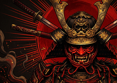 Intense Samurai Warrior with Oni Mask