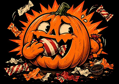 Cartoon Pumpkin Eating Halloween Candy