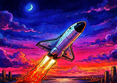 Space Shuttle Launching at Sunset