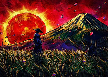 Samurai Standing Before Mount Fuji