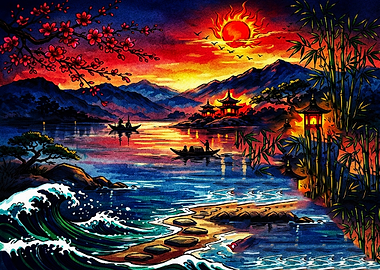 Vibrant Japanese Sunset Landscape Painting