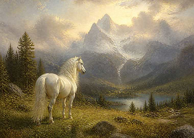 Majestic White Horse in Mountain Landscape