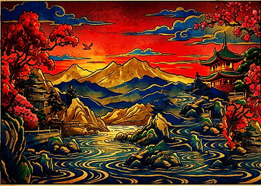Vibrant Japanese Landscape with Pagoda
