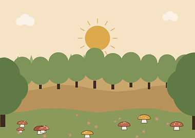 Cute Mushroom Forest Landscape Illustration