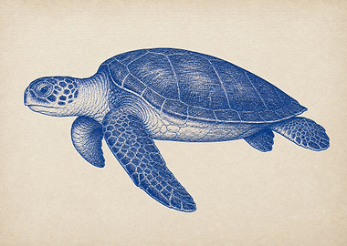 Vintage Blue Sea Turtle Illustration