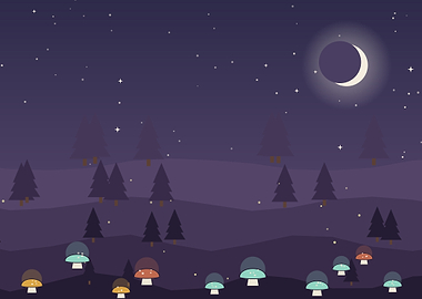Minimalist Night Forest with Glowing Mushrooms