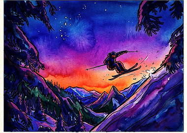 Skier Jumping Over Mountain Sunset
