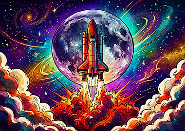Space Shuttle Launching Past Moon