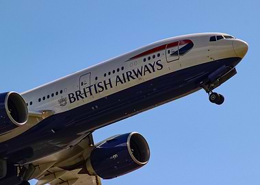 BA 777-236 taking off from Heathrow RWY 27R Reg: G-VIIM