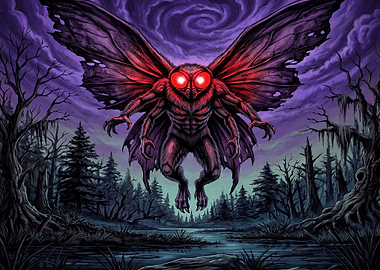 Mothman Flying Over Dark Swamp